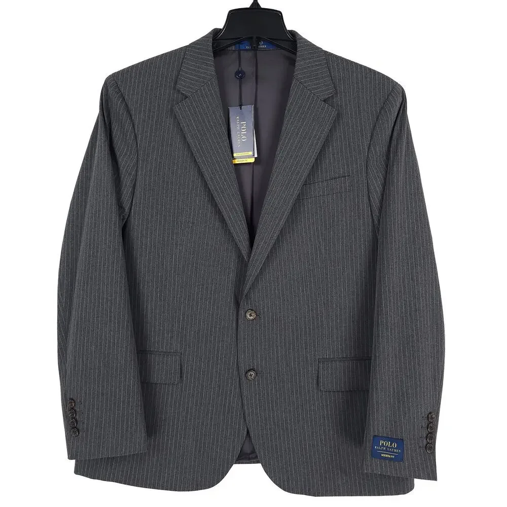 Polo Ralph Lauren Mens Modern Fit Sport Coat Blazer 46R Grey Pinstripe Stretch